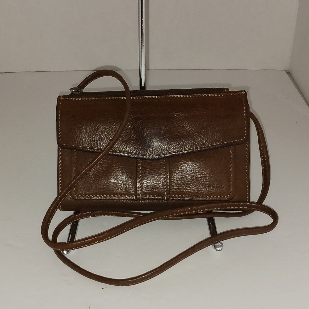 Fossil Brown Pebbled Leather Convertible Crossbody Bag - EUC